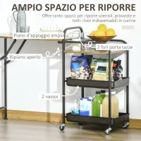 HOMCOM Carrello da Cucina Stile Industriale 3 Mensole e Ripiano Pieghevole, Porta Tazze e 4 Ruote, 118x36.5x82cm, Marrone(m-4)