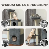 PawHut Katzenbaum für den Innenbereich, 111 cm, Kratzbaum mit Katzenbett, Sisal-Kratzpfosten, Spielball, Sprungplattform, Grau(m-6)