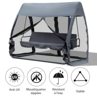 Outsunny Balancelle de Jardin Convertible 3 Places Grand Confort : Matelas Assise Dossier, moustiquaire intégrale zippée avec Toit, Pochette Rangement métal époxy Polyester Gris(m-4)