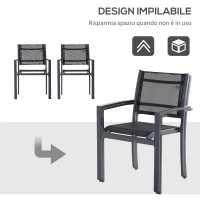 Outsunny Set 2 Sedie da Giardino in Texteline Traspirante e Struttura in Ferro Nero 64 x 58 x 87cm(m-4)