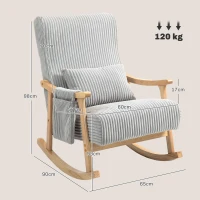 HOMCOM Silla Mecedora de Pana con Patas y Reposabrazos de Madera de Caucho Cojín Lumbar y Bolsillo Carga 120 kg Gris(m-3)