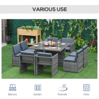 Outsunny 8 Seater Rattan Cube Garden Furniture Set with Parasol Hole, Rattan Dining Set with Cushions, Outdoor Dining Table and Chairs with Square Glass Top Table for Patio, Balcony, Mixed Grey(m-7)