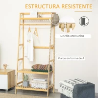 HOMCOM Perchero de Pie de Bambú Perchero Trapezoidal con Estantería de 3 Niveles con Barra y Colgador Lateral para Ropa Bolsas para Pared Dormitorio 70x42x164 cm Natural(m-6)