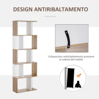 HOMCOM Scaffale Libreria a 5 Ripiani Suddivisi, Libreria Salvaspazio a Forma di S in Legno, Scaffale Divisorio per Soggiorno, Camera da Letto e Ufficio, 60x24x184.5 cm, Color Legno e Bianco(m-6)