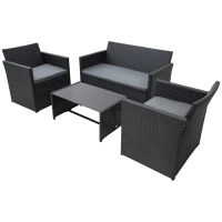 Outsunny 4 Pieces PE Rattan Garden Sofa Set with Cushions, Outdoor Patio Wicker Weave Conservatory Furniture Set with a Loveseat, 2 Armchairs and a Glass Top Coffee Table, Black(m-11)