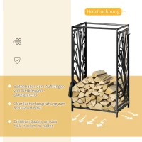 HOMCOM Kaminholzregal für innen Stahl 46 x 30 x 70cm Brennholzregal mit 4 Kaminwerkzeug Haken Kaminbesteck Set Kaminholzständer für Kamin Ofen Feuerholzregal Kaminholzhalter für Feuerholz, Schwarz(m-5)
