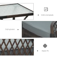 Outsunny Conjunto de Muebles de Ratán Juego de 3 Piezas de Jardín 2 Sillones 65x66x75 cm y Mesa de Vidrio Templado 50x50x50 cm con Cojines Acolchados para Terraza Patio Marrón y Gris(m-5)