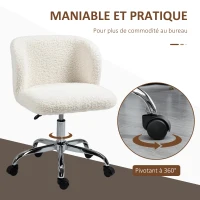 HOMCOM Chaise de bureau sans accoudoir en toison d'agneau hauteur réglable pivotant à 360 ° charge max. 120 Kg blanc(m-6)