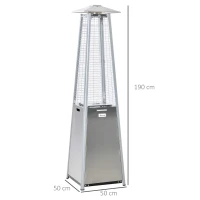 Outsunny 11.2KW Outdoor Patio Gas Heater Stainless Steel Pyramid Propane Heater Garden Freestanding Tower Heater with Wheels, Dust Cover, Regulator and Hose, Silver(m-3)