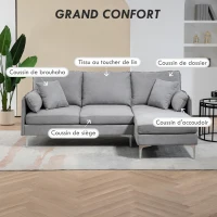 HOMCOM Canapé d'angle 3 Places méridienne réversible droite ou gauche, salon, grand confort Tissu Polyester Gris Clair(m-4)