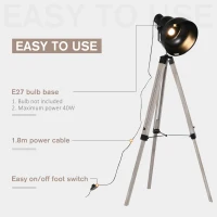HOMCOM Industrial Tripod Base Cone Floor Lamp w/ Wood Legs Metal Shade Power Switch Adjustable Height Angle Home Office Styling Lighting Furniture Vintage Retro(m-7)