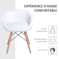 HOMCOM Chaise Design scandinave - Chaise de Salon ou Cuisine - Pieds effilés Bois Massif - revêtement synthétique PU Blanc(m-4)