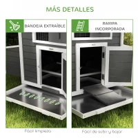PawHut Gallinero para Exterior Gallinero de Madera con 2 Nidos Bandeja Extraíble Techo Abatible 150x100x96,5 cm Gris y Blanco(m-7)
