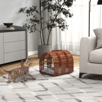 PawHut Transporttasche für Katze Hund aus Weide geflochten Korbhöhle mit Kissen Gitter für Transport Katzen Hunden Braun Metall 42 x 35 x 37 cm(m-2)