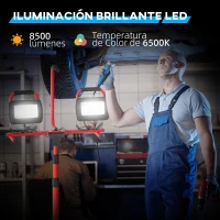 HOMCOM Foco LED Doble con Trípode Plegable 8500 Lúmenes IP65 6500K y Cabezas Ajustables para Trabajo Interior y Exterior Rojo(m-6)