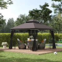 Outsunny Gartenpavillon mit Doppeldach Pavillon Gartenzelt Festzelt Partyzelt mit 4 x Seitenwand Metall+Polyester Kaffee 2,99 x 2,99 x 2,74 m(m-2)