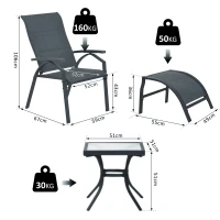 Outsunny Lot de 2 transats bains de soleil grand confort dossier inclinable, repose-pied amovibles intégrés table basse métal époxy textilène gris(m-3)
