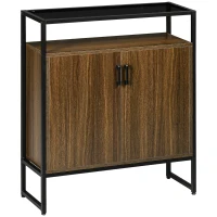 HOMCOM Armadietto Due Ante in MDF con Piano d'Appoggio in Vetro Temperato, 82x30x98 cm, Marrone e Nero(m-1)