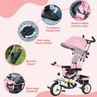HOMCOM 6 in 1 Kids Trike Push Bike w/ Push Handle, Canopy, 5-point Safety Belt, Storage, Footrest, Brake, for 1-5 Years, Pink(m-6)