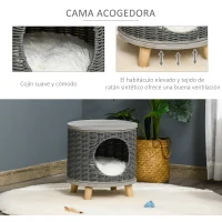 PawHut Cueva para Gatos de Ratán Ø36x40,5 cm Cesta para Gatos Rolliza con Cojín Lavable Plataforma y Patas de Madera de Pino Extraíble Gris(m-5)