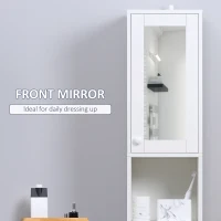kleankin Tall Bathroom Storage Cabinet with Mirror, Narrow Bathroom Unit, Freestanding Bathroom Cupboard with Adjustable Shelves and 2 Doors, White(m-4)