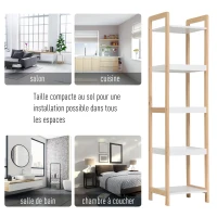 HOMCOM Etagère en Bambou de Salle de Bain étagère Debout 3 paniers + 2 étagères dim. 32L x 30l x 130H cm Beige Blanc(m-4)