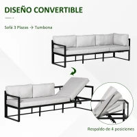 Outsunny Conjunto de Muebles de Jardín 3 Piezas de Aluminio Juego de Muebles con Mesa de Vidrio Sofá de 5 Plazas con Respaldo Ajustable y Cojines Extraíbles 206x68x62 cm Negro y Gris(m-5)