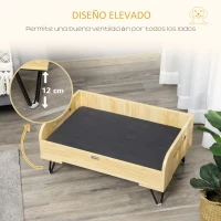 PawHut Cama de Madera para Perros Gatos Cama Cesta para Mascotas Pequeñas con Cojín Acolchado Asas y Patas de Acero 70x45x32 cm Roble y Negro(m-5)