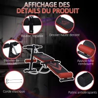 HOMCOM Banc de musculation pliable appareil à abdo hauteur réglable 135L x 48l x 61-68H cm 2 bandes de résistances + ressort central traction acier noir rouge(m-5)