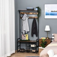 HOMCOM Coat Rack Stand Shoe Storage Bench with 9 Hooks Shelves for Bedroom Living Room Entryway Brown and Black 180cm(m-10)