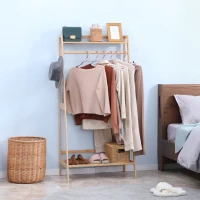 HOMCOM Perchero de Pie de Bambú con 2 Estantes Abiertos Barra y 2 Ganchos Laterales para Ropa 82x36,8x140 cm Natural(m-2)