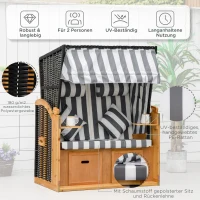 Outsunny Strandkorb mit Fußstützen, Klapptisch und Nackenrollen, Outdoormöbel, Natur + Grau + Weiß(m-5)