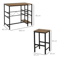 HOMCOM Bartisch-Set, Stehtisch mit 2 Barhockern, 3-teiliges Tischset Küchentresen mit Flaschenhalterung Spanplatte, Stahl, Natur+Schwarz, 108 x 60x 95H cm(m-3)