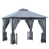 Outsunny 4 x 3.35(m) Patio Metal Gazebo Canopy Garden Tent Sun Shade, Outdoor Shelter with 2 Tier Roof, Netting and Curtains, Steel Frame, Grey(m-1)
