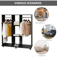 HOMCOM Open Wardrobe Double Mobile Storage Shelves Organizer W/6 Wheels-Black(m-5)