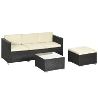Outsunny Conjunto de Muebles de Ratán de Jardín Sofá de 3 Plazas Taburete y Mesa de Centro con Encimera de Cristal Negro(m-11)