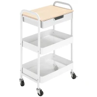HOMCOM Desserte de cuisine chariot de service 2 étagères tiroir plateau aspect bois clair acier PP blanc(m-10)