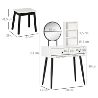 HOMCOM Juego Tocador de Maquillaje con Taburete Espejo Redondo 2 Cajones de Almacenaje y 3 Estantes Mesa de Maquillaje para Dormitorio Vestidor 80x42x131 cm Blanco(m-3)