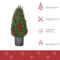 HOMCOM Mini-Weihnachtsbaum mit roten Beeren und Tannenzapfen, inkl. Übertopf 27 cm x 27 cm x 47 cm, Mehrfarbig(m-4)