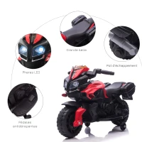 HOMCOM Moto électrique Enfant 6 V 3 Km/h Effet Lumineux et sonore roulettes Amovibles Repose-Pied valises latérales métal PP Rouge Noir(m-8)