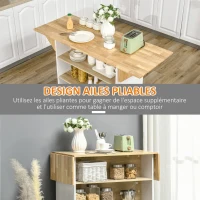 HOMCOM Ilot central cuisine meuble de rangement cuisine de service avec plan de travail rabattable en bois de caoutchouc et 2 étagères - 140 x 55 x 91 cm(m-5)