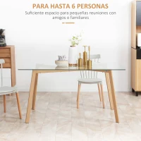 HOMCOM Mesa de Comedor para 6 Personas con Encimera de Cristal y Patas de Acero Efecto Madera 150x75x76 cm Transparente(m-4)