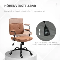 Vinsetto Bürostuhl mit Rollen Drehstuhl Schreibtischstuhl für Büro höhenverstellbar mit Wippfunktion 360°-Drehung neigbar Schaumstoff Braun 61 x 58 x 82-91 cm(m-4)