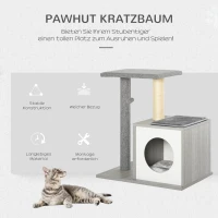 PawHut Holz Kratzbaum Katzenbaum Kletterbaum für Katzen, Kätzchen Möbel mit Katzenhöhle, Spielhaus, Katzenspielzeug und Plüschkissen Grau&Weiß 59x39x62 cm(m-4)