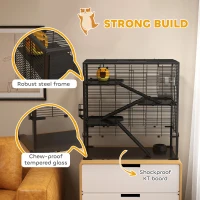 PawHut 4 Tiers Hamster Cage with Deep Tempered Glass Bottom, Hut, Running Wheel, Food Dish, Water Bottle, 78.5 x 48.5 x 80cm(m-7)