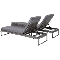 Outsunny dreiteiliges Set Sonnenliege mit verstellbarer Rücklehne Garten Liege Teetisch Flammhemmende Polsterung Metall PE-Rattan Polyester Grau 195 x 60 x 86 cm(m-7)