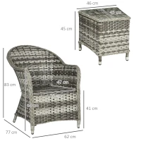 Outsunny 3 Pieces Rattan Bistro Set, Wicker Garden Bistro Set, Glass Top Balcony Table and Chairs with Cushions for Outdoor, Patio, Balcony, Grey(m-3)