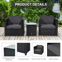 Outsunny 3 Pieces Rattan Bistro Set, Wicker Garden Furniture Set with Glass Top Coffee Table and Chairs, Thickened Washable Cushions for Outdoor, Patio, Balcony, Black(m-6)