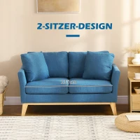 HOMCOM 2-Sitzer-Sofa Doppelsofa Couch, 2 Kissen, 137 cm x 78 cm x 78 cm, Blau + Natur(m-6)