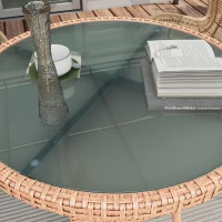 Outsunny Mesa de Ratán Ø80x75 cm Mesa de Jardín con Estante Patas Ajustable Encimera de Cristal y Marco de Acero Natural(m-8)